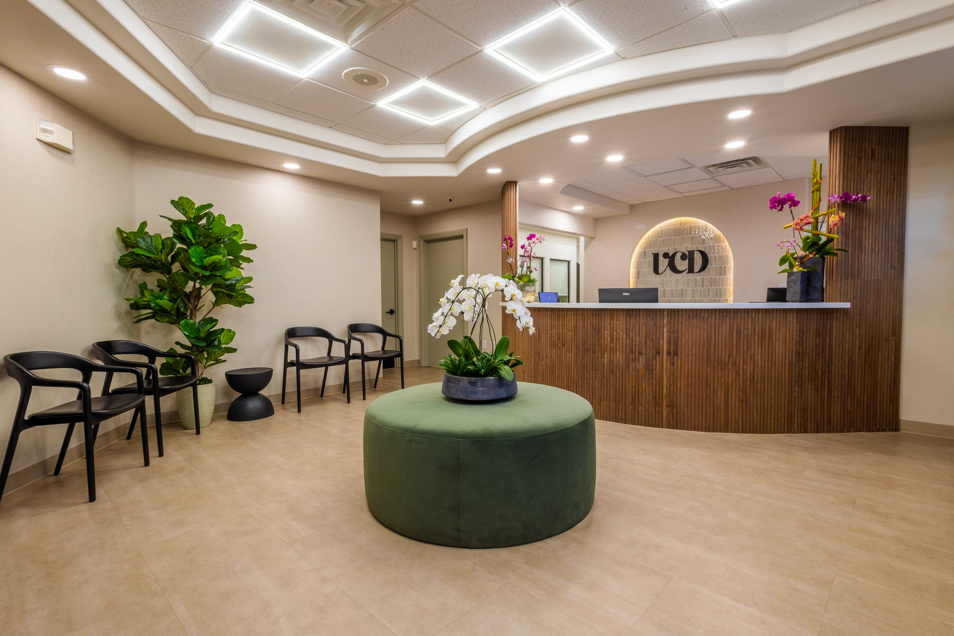 Vegas Choice Dental lobby with arched ceilings, natural wood, soft beige seating, and tall green plants